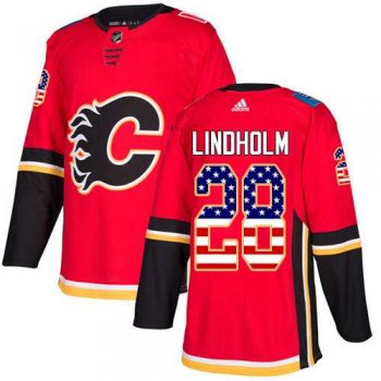 Men's Adidas Calgary Flames #28 Elias Lindholm Red Home Authentic USA Flag Stitched NHL Jersey