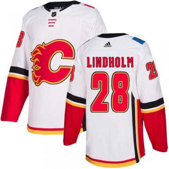 Men's Adidas Calgary Flames #28 Elias Lindholm White Road Authentic Stitched NHL Jersey