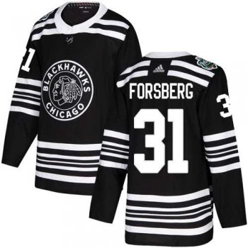 Men's Adidas Chicago Blackhawks #31 Anton Forsberg Black Authentic 2019 Winter Classic Stitched NHL Jersey