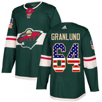 Men's Adidas Minnesota Wild #64 Mikael Granlund Green Home Authentic USA Flag Stitched NHL Jersey