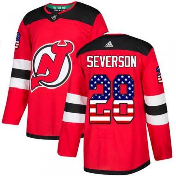 Men's Adidas New Jersey Devils #28 Damon Severson Red Home Authentic USA Flag Stitched NHL Jersey