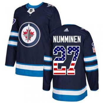 Men's Adidas Winnipeg Jets #27 Teppo Numminen Navy Blue Home Authentic USA Flag Stitched NHL Jersey