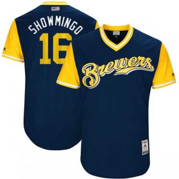 Men's Milwaukee Brewers #16 Domingo Santana Showmingo Majestic Navy 2017 Little League World Series Players Weekend Jersey