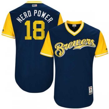 Men's Milwaukee Brewers #18 Eric Sogard Nerd Power Majestic Navy 2017 Little League World Series Players Weekend Jersey