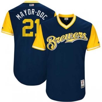 Men's Milwaukee Brewers #21 Travis Shaw Mayor-DDC Majestic Navy 2017 Little League World Series Players Weekend Jersey