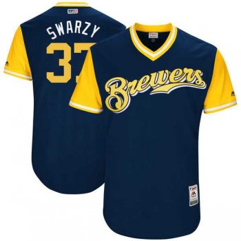 Men's Milwaukee Brewers #37 Anthony Swarzak Swarzy Majestic Navy 2017 Little League World Series Players Weekend Jersey