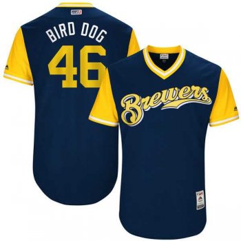 Men's Milwaukee Brewers #46 Corey Knebel Bird Dog Majestic Navy 2017 Little League World Series Players Weekend Jersey