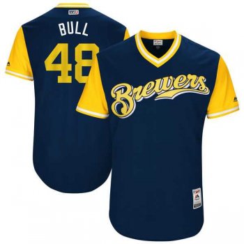 Men's Milwaukee Brewers #48 Jared Hughes Bull Majestic Navy 2017 Little League World Series Players Weekend Jersey