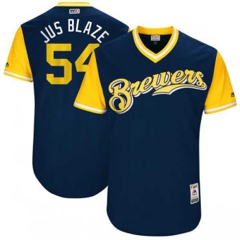 Men's Milwaukee Brewers #54 Michael Blazek Jus Blaze Majestic Navy 2017 Little League World Series Players Weekend Jersey