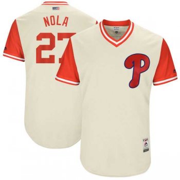 Men's Philadelphia Phillies #27 Aaron Nola Nola Majestic Tan 2017 Little League World Series Players Weekend Jersey