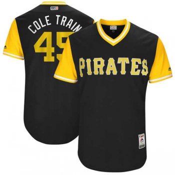 Men's Pittsburgh Pirates #45 Gerrit Cole Cole Train Majestic Black 2017 Little League World Series Players Weekend Jersey