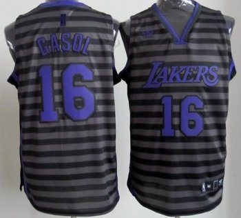 Los Angeles Lakers 16 Pau Gasol Grey Whith Black Strip Revolution 30 Swingman NBA Jerseys Cheap