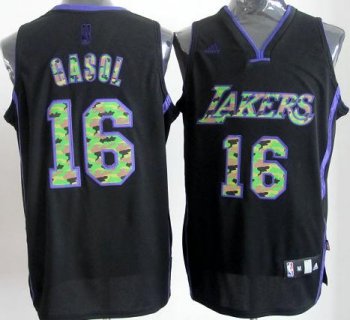 Los Angeles Lakers 16 Pau Gasol Black Revolution 30 Swingman NBA Jerseys Camo Number Cheap