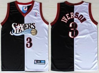 Philadelphia 76ers 3 Allen Iverson Black White Split NBA Jerseys Cheap