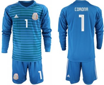 Mexico #1 Corona Blue Long Sleeves Goalkeeper Soccer Country Jersey