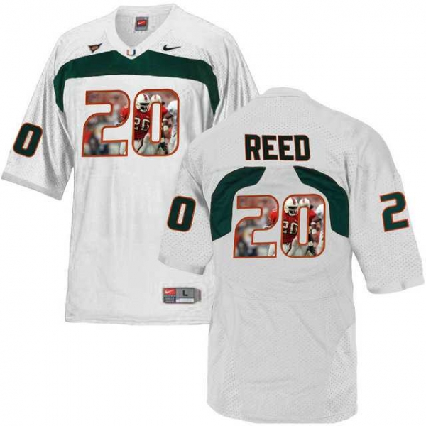 Miami Hurricanes #20 Ed Reed White With Portrait Print College Football Jersey