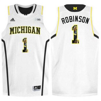 Michigan Wolverines #1 Glenn Robinson III White With Portrait Print College Basketball Jersey