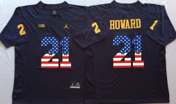 Michigan Wolverines #21 Desmond Howard Navy White USA Flag College Jersey