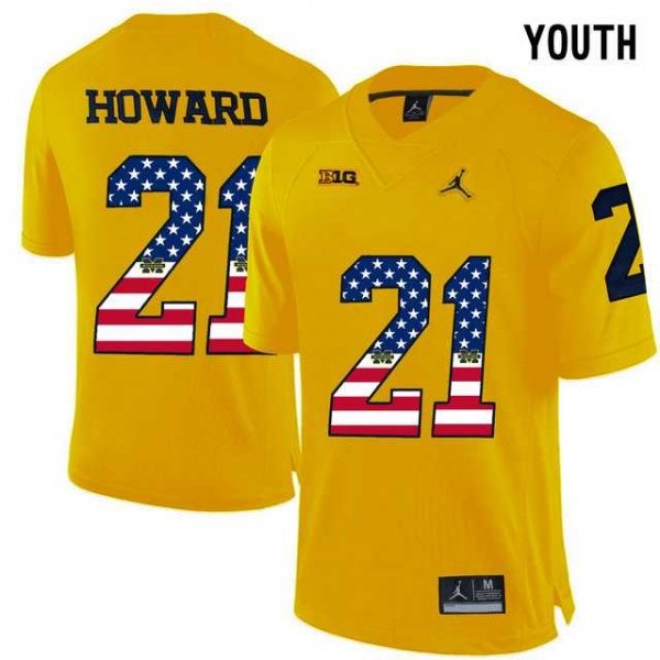 Youth Michigan Wolverines #21 Desmond Howard Yellow USA Flag Youth College Football Limited Jersey