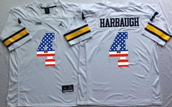 Michigan Wolverines #4 Jim Harbaugh White USA Flag College Jersey