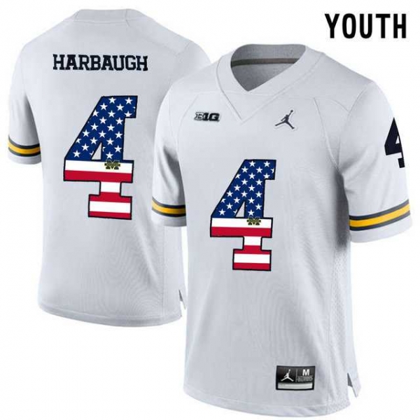 Youth Michigan Wolverines #4 Jim Harbaugh White USA Flag Youth College Football Limited Jersey