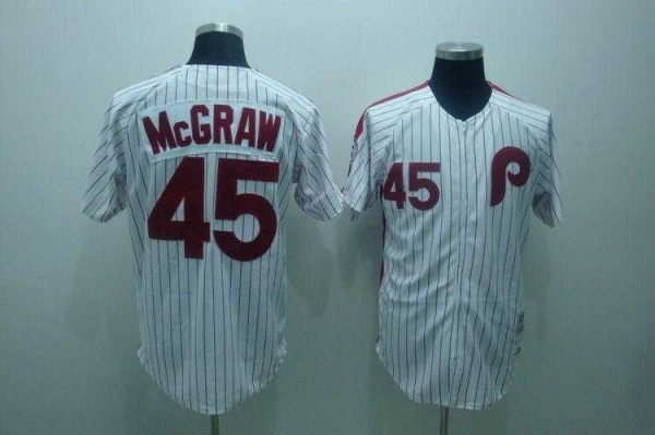 Mitchell and Ness 1983 Philadelphia Phillies #45 Tug Mcgraw White Red Strip Stitched Throwback MLB Jersey