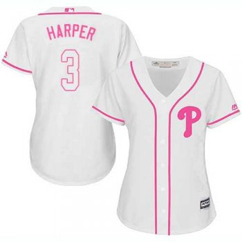 Phillies #3 Bryce Harper White/Pink Fashion Women's Stitched Baseball Jersey