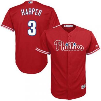 Youth Phillies #3 Bryce Harper Red Cool Base Stitched Youth Baseball Jersey