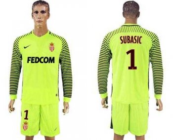 Monaco #1 Subasic Shiny Green Goalkeeper Long Sleeves Soccer Club Jersey