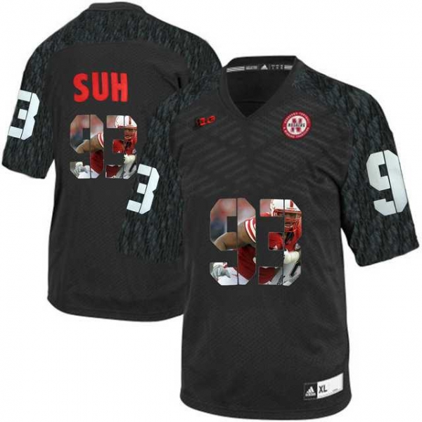 Nebraska Cornhuskers #93 Ndamukong Suh Black With Portrait Print College Football Jersey