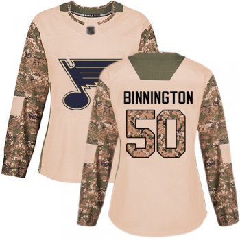 Blues #50 Jordan Binnington Camo Authentic 2017 Veterans Day Women's Stitched Hockey Jersey