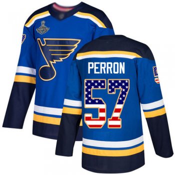 Youth Blues #57 David Perron Blue Home Authentic USA Flag Stanley Cup Champions Stitched Youth Hockey Jersey