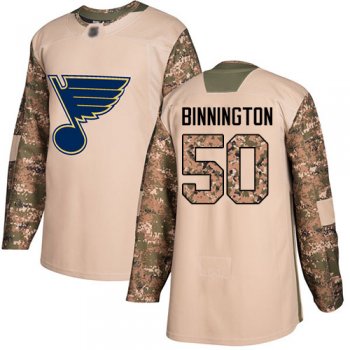 Youth Blues #50 Jordan Binnington Camo Authentic 2017 Veterans Day Stitched Youth Hockey Jersey