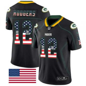 Nike Green Bay Packers #12 Aaron Rodgers Black Men's Stitched NFL Limited Rush USA Flag Jersey