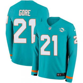 Nike Miami Dolphins #21 Frank Gore Aqua Green Team Color Men's Stitched NFL Limited Therma Long Sleeve Jersey