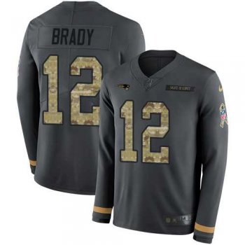 Nike New England Patriots #12 Tom Brady Anthracite Salute to Service Men's Stitched NFL Limited Therma Long Sleeve Jersey