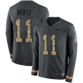 Nike Philadelphia Eagles #11 Carson Wentz Anthracite Salute to Service Men's Stitched NFL Limited Therma Long Sleeve Jersey