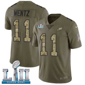 Nike Philadelphia Eagles #11 Carson Wentz Olive Camo Super Bowl LII Men's Stitched NFL Limited 2017 Salute To Service Jersey