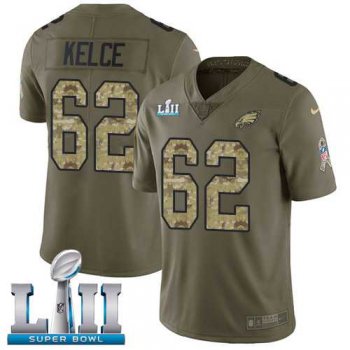 Nike Philadelphia Eagles #62 Jason Kelce Olive Camo Super Bowl LII Men's Stitched NFL Limited 2017 Salute To Service Jersey