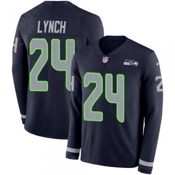 Nike Seattle Seahawks #24 Marshawn Lynch Steel Blue Team Color Men's Stitched NFL Limited Therma Long Sleeve Jersey