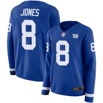 Giants #8 Daniel Jones Royal Blue Team Color Women's Stitched Football Limited Therma Long Sleeve Jersey