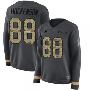 Lions #88 T.J. Hockenson Anthracite Salute to Service Women's Stitched Football Limited Therma Long Sleeve Jersey