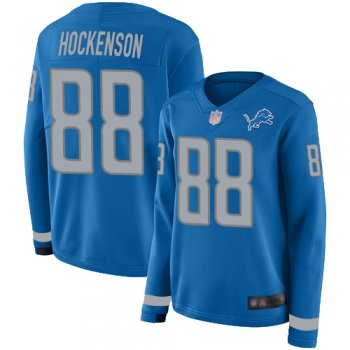 Lions #88 T.J. Hockenson Blue Team Color Women's Stitched Football Limited Therma Long Sleeve Jersey