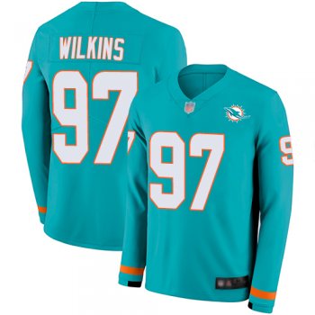 Youth Dolphins #97 Christian Wilkins Aqua Green Team Color Youth Stitched Football Limited Therma Long Sleeve Jersey