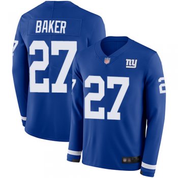 Youth Giants #27 Deandre Baker Royal Blue Team Color Youth Stitched Football Limited Therma Long Sleeve Jersey