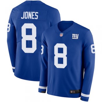 Youth Giants #8 Daniel Jones Royal Blue Team Color Youth Stitched Football Limited Therma Long Sleeve Jersey