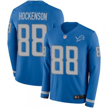 Youth Lions #88 T.J. Hockenson Blue Team Color Youth Stitched Football Limited Therma Long Sleeve Jersey