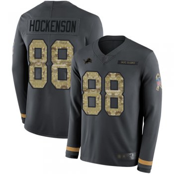 Youth Lions #88 T.J. Hockenson Anthracite Salute to Service Youth Stitched Football Limited Therma Long Sleeve Jersey