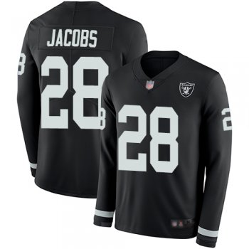 Youth Nike Raiders #28 Josh Jacobs Black Team Color Youth Stitched NFL Limited Therma Long Sleeve Jersey