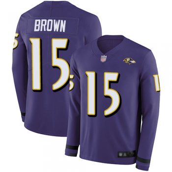 Youth Ravens #15 Marquise Brown Purple Team Color Youth Stitched Football Limited Therma Long Sleeve Jersey